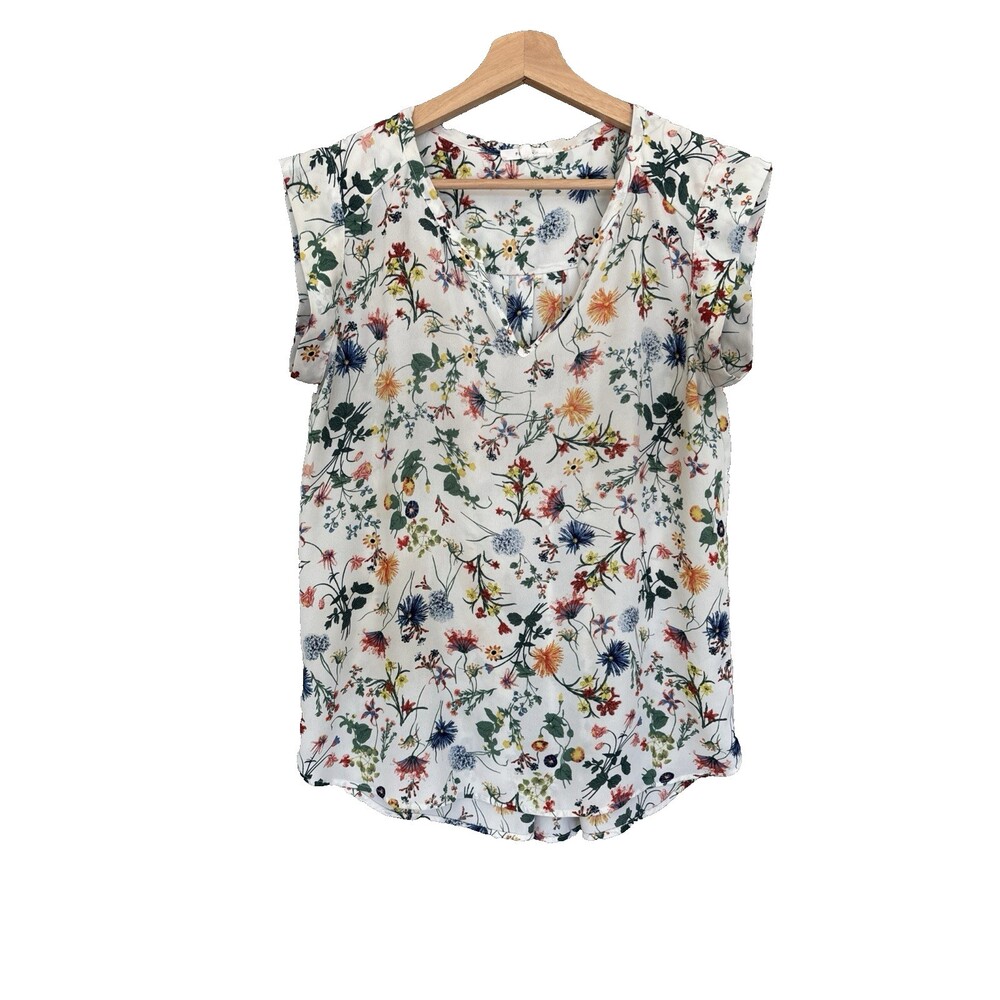 Pleione Ivory Floral Blouse XS Oversized V-Neck Cap Sleeve Flowy Top Women’s